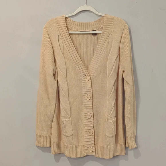 Heather B Cableknit Cardigan Tan size XL 100%‎ Cotton Long - Picture 1 of 9